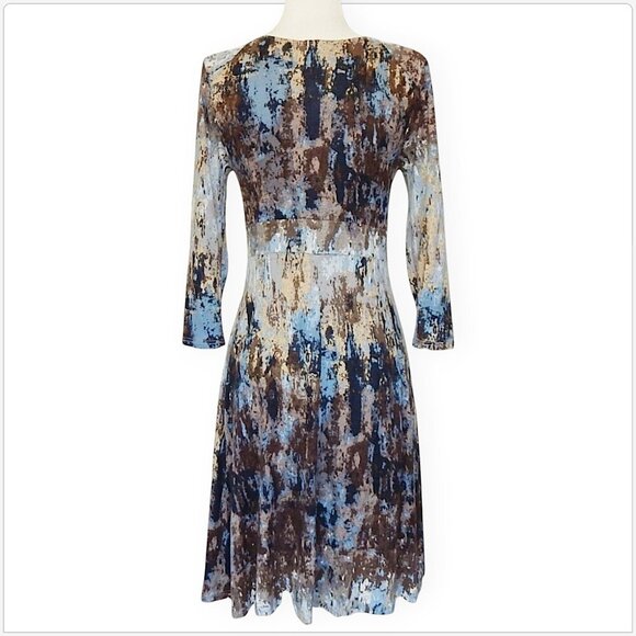 Three Dots 3 Brown Gray Beige Splatter Marble Print Empire Soft Knit Dress S - Picture 3 of 4